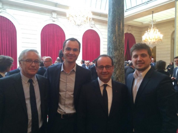 Le Président Hollande, le Ministre du Travail François Rebsamen, Pierre-Henri Deballon et Sébastien Tonglet lors des voeux aux acteurs économiques. 10915189_10152964438263548_6609106608190891140_n